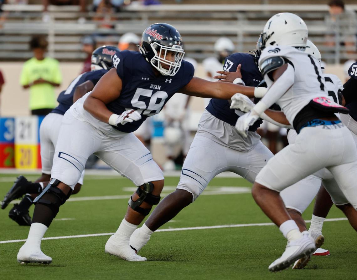 Denton Ryan offensive lineman Marcus Garcia (58) blocks Timberview linebacker Caden Bates (1) during a UIL football game at C.H. Collins Activity Complex in Denton, Texas, Thursday, Sept. 05, 2024.