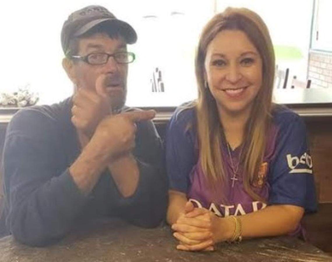 Mark Hague (left), Mary Perez of Enchiladas Ole’ on Saturday morning