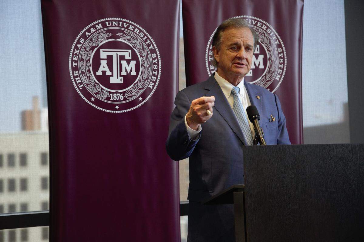 Texas A&M Chancellor John Sharpe speaking at an event in Fort Worth on Thursday, May 19, 2022