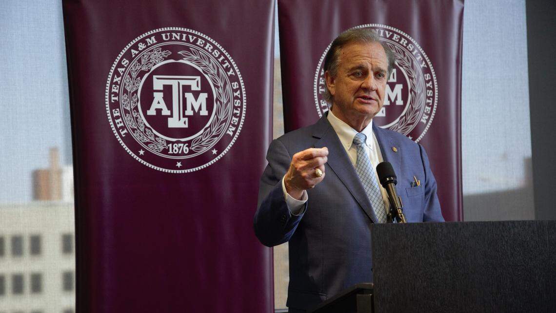 Texas A&M Chancellor John Sharpe speaking at an event in Fort Worth on Thursday, May 19, 2022