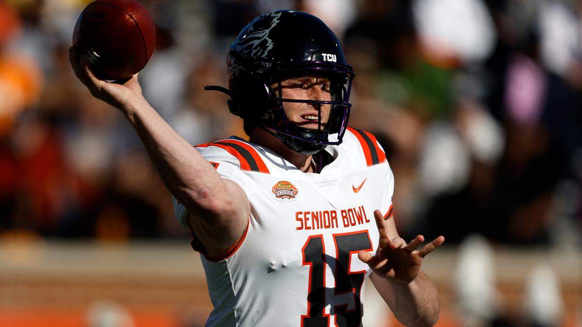 TCU quarterback Max Duggan (15) throws a pass during the Senior Bowl on Saturday.