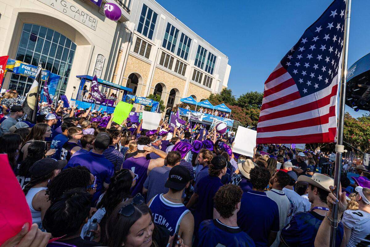 TCU football fans cheer during the Fox Big Noon Kickoff show prior to the TCU football game against the Colorado Buffaloes at Amon G. Carter Stadium in Fort Worth on Saturday, Sept. 2, 2023.