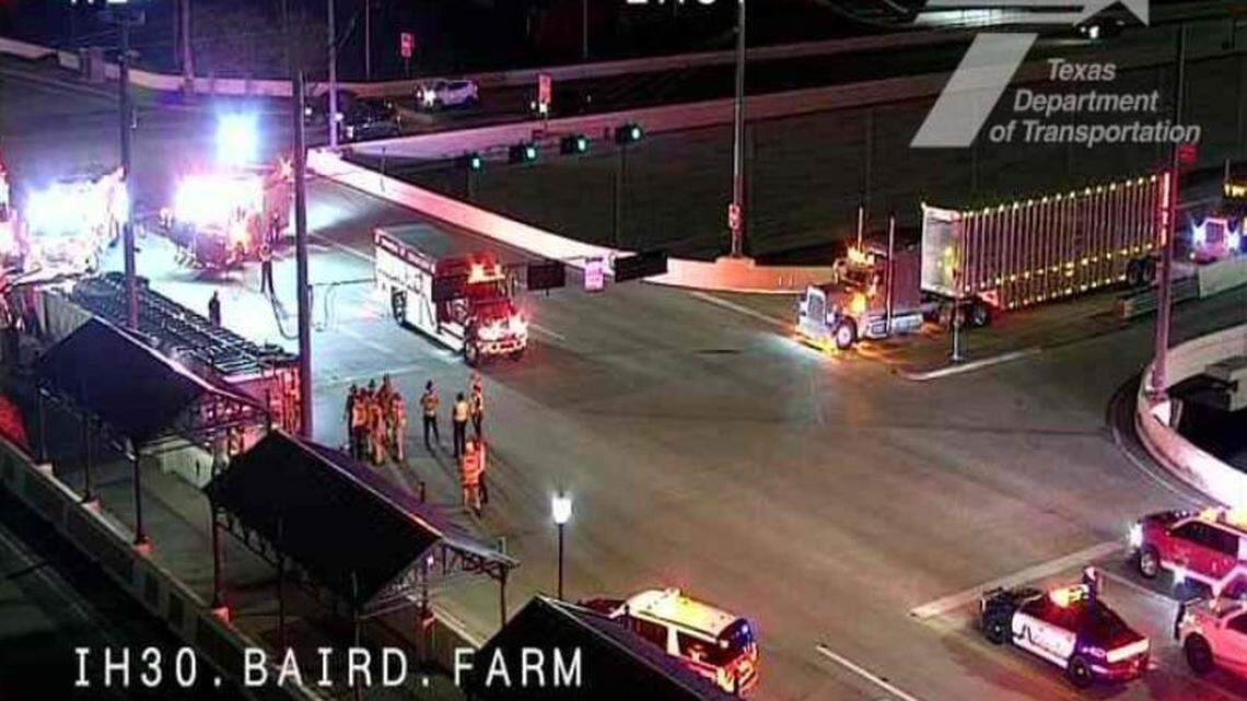 Dozens of cows were killed near Interstate 30 in Arlington when a tractor-trailer carrying cattle overturned Monday night, police say.