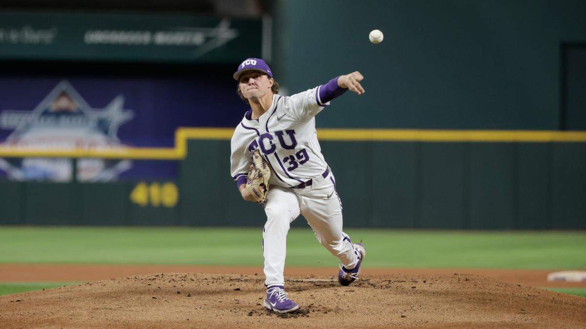 TCU left-hander Austin Krob threw six scoreless innings with six strikeouts in a start against Nebraska on Friday night at Globe Life Field in Arlington.