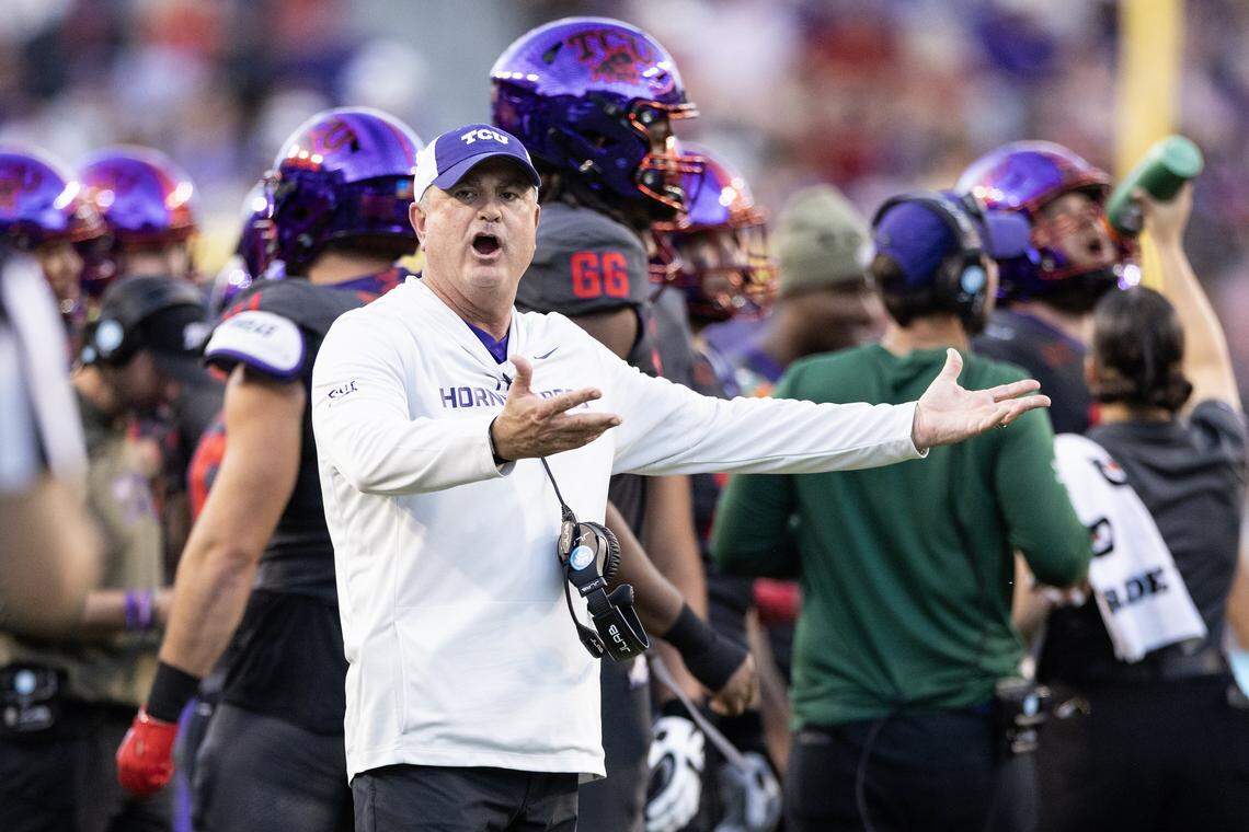 TCU head coach Sonny Dykes reacts to a penalty call in the second half of a Big XII football game between the TCU Horned Frogs and the Iowa State Cyclones at Amon G Carter Stadium in Fort Worth on Saturday, Nov. 8, 2025.
