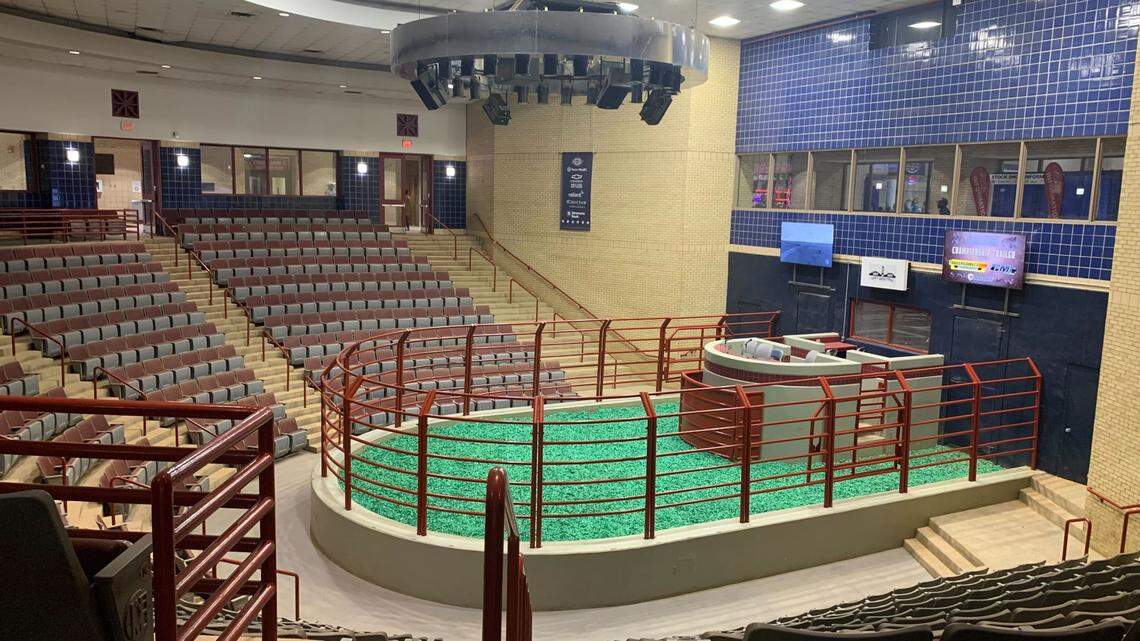 The auction arena in the Will Rogers Memorial Center was clean but empty. It will become a hive of activity in days to come.