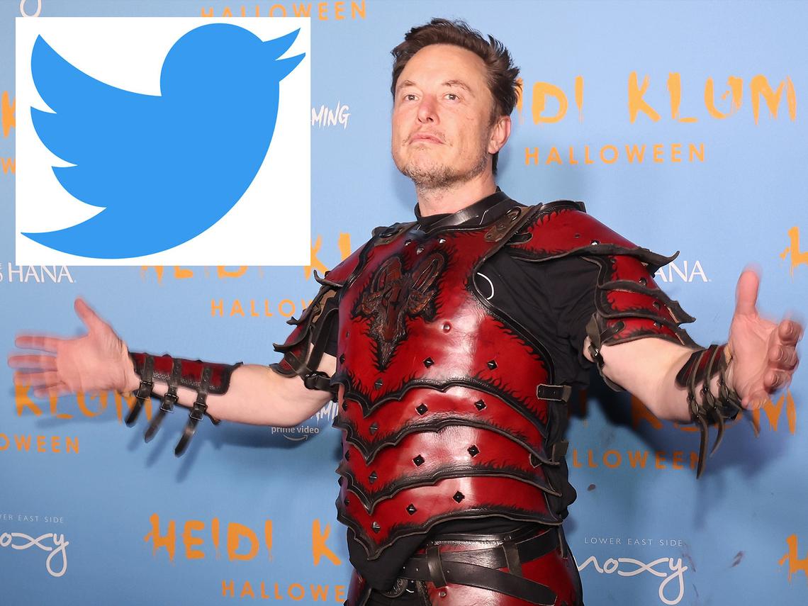 Elon Musk and Twitter. Elon Musk attends Heidi Klum’s 2022 Hallowe’en Party at Sake No Hana at Moxy LES on October 31, 2022 in New York City. Inset image: Twitter’s logo. He claimed hate speech has dropped since he took over the site.
