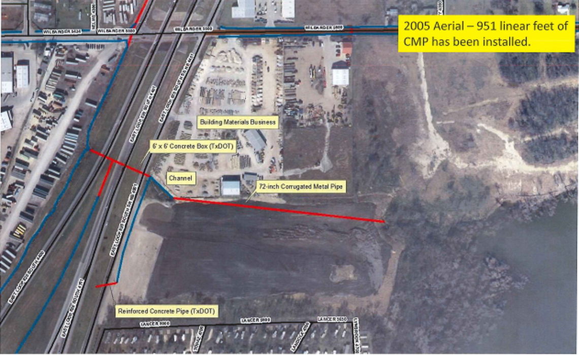 A 2005 aerial image of the property at 4600 East Loop 820 South shows almost the entire channel has been filled. It has been replaced with an underground corrugated metal pipe.