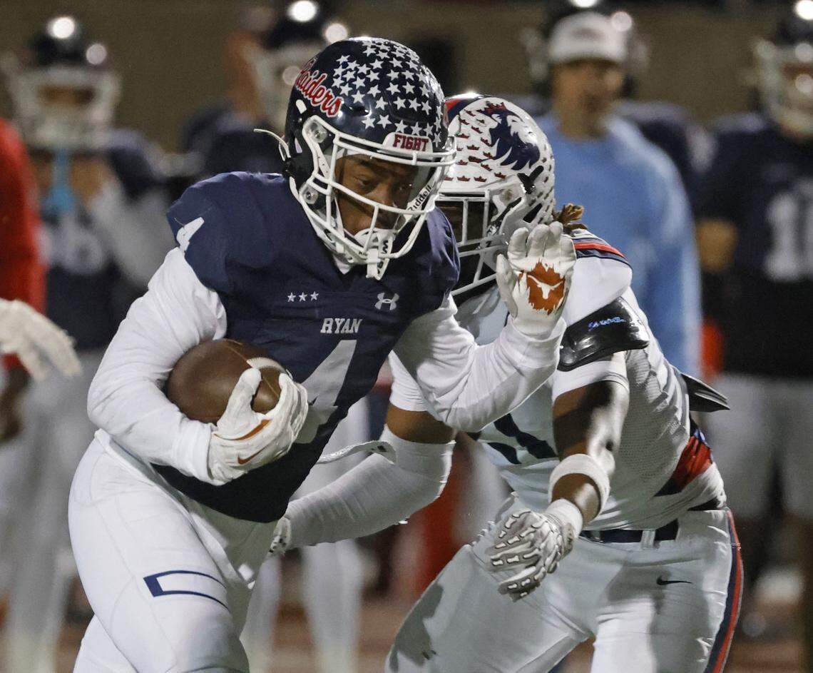 Denton Ryan running back Tre-Vaughn Reynolds (4) is pursued by Richland linebacker D'rion Jones (21) during the first half of a UIL Class 5A Division I Regional on Friday Nov. 28, 2025 at Buddy Echols Field in Coppell, Texas.