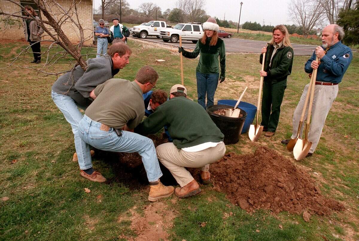 March 24, 1999: Helpers plant a tree next to the Southlake Senior Activity Center to commemorate Arbor Day celebrations. From left, Pamela Muller, VP of Keep Southlake Beautiful; Jan Davis of the Texas Forest Service; and Scott Martin, deputy mayor pro-tem.