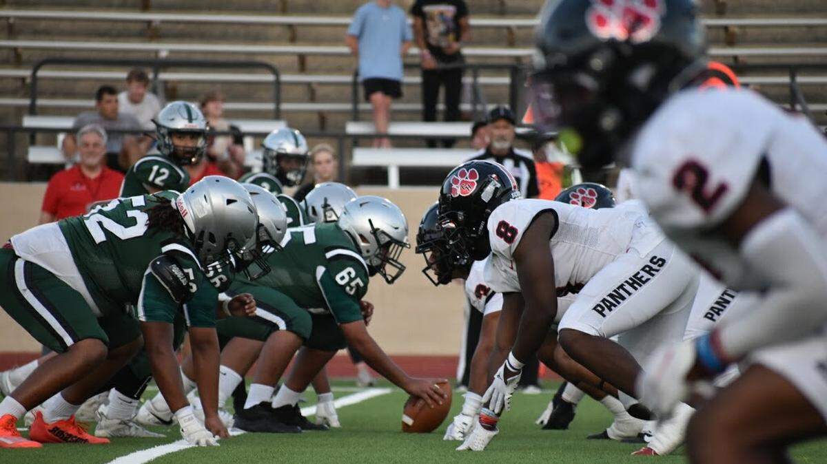 Colleyville Heritage face off against Trimble Tech during a high school football game at Farrington Field in Fort Worth, Texas, Thursday, September 22, 2022. Colleyville Heritage won 57-0. (Drake Callaway/ Special to the Star-Telegram)