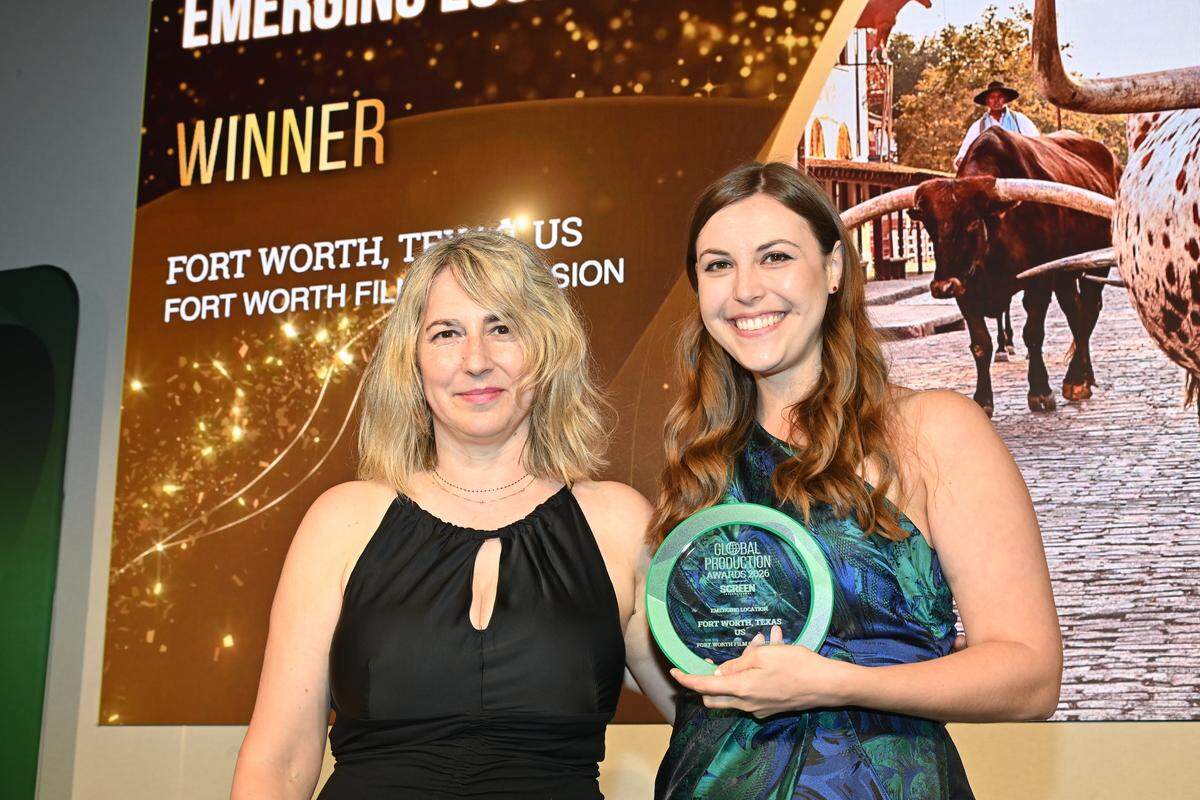 Venia Vergou , network manager at the European Film Commissions Network, and Fort Worth Film Commissioner Taylor Hardy at the 2026 Global Production Awards in Cannes, France, on Monday, May 18, 2026.