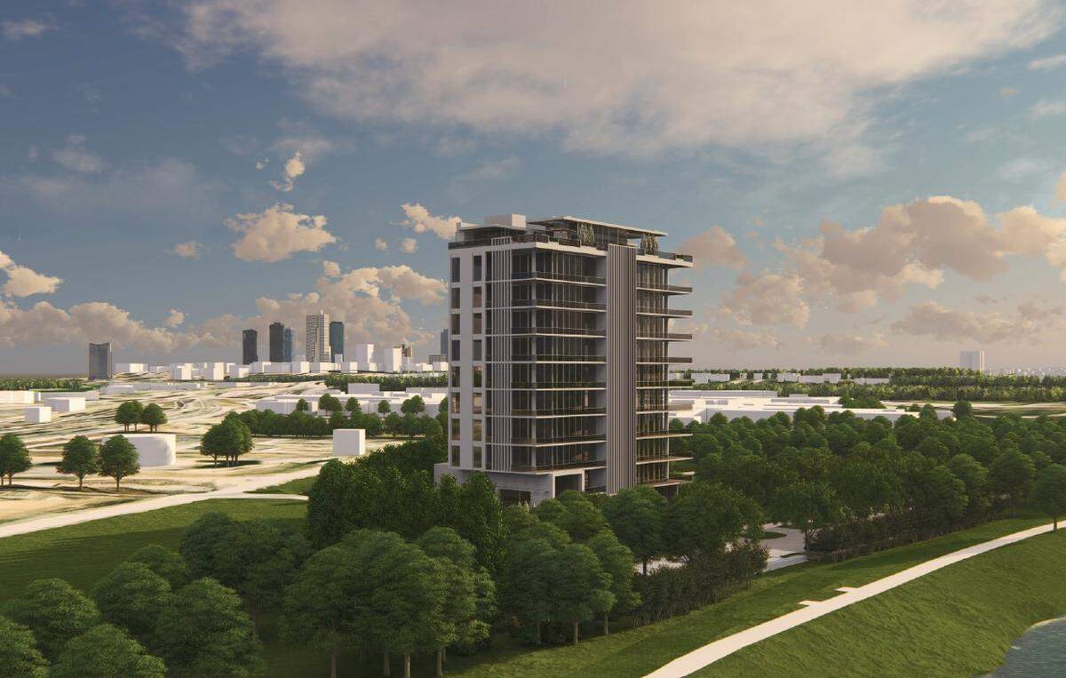 Pearson Grove, a 14-story condominium tower on the north bank of the Trinity River, in a 2024 conceptual rendering. The river levee is in the foreground; downtown Fort Worth is in the distance.
