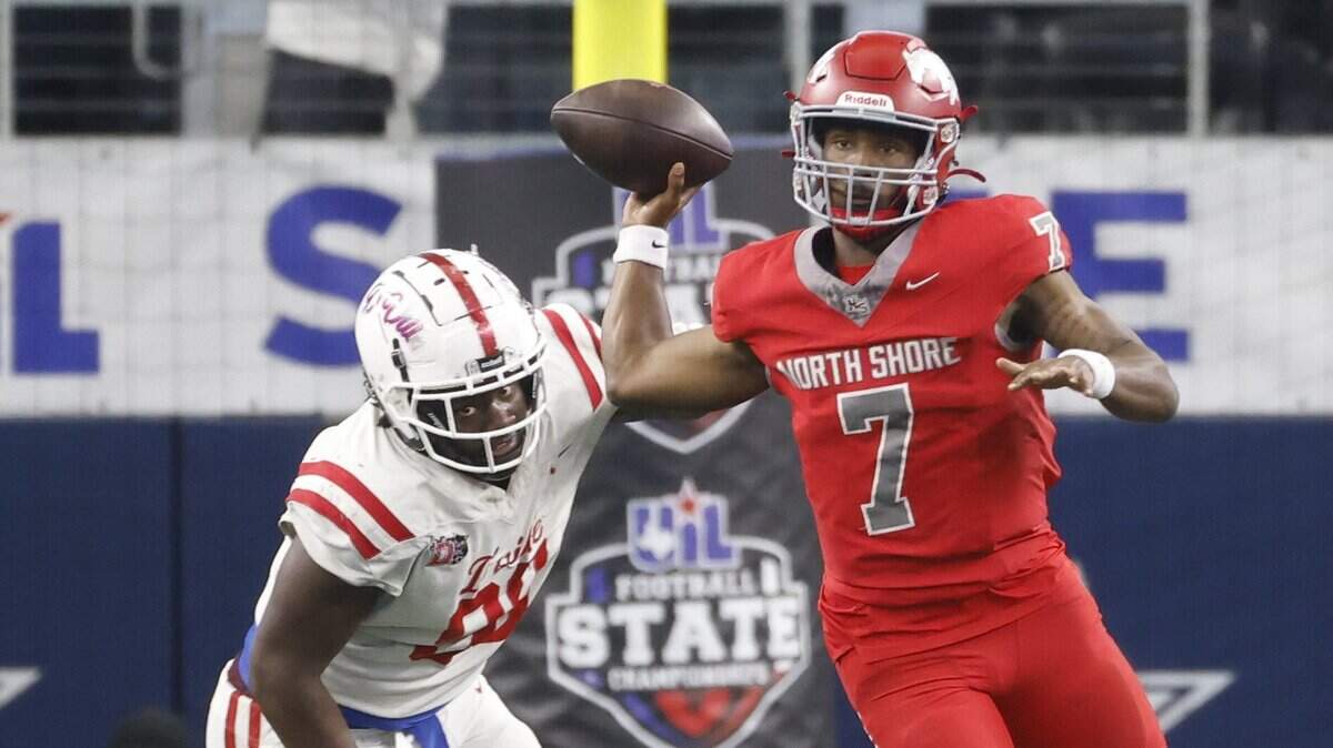 Houston North Shore quarterback Kaleb Maryland unloads a pass down field against Duncanville during the first half of the UIL Class 6A Division I championship game on Saturday Dec. 20, 2025 at AT&T Stadium in Arlington, Texas.