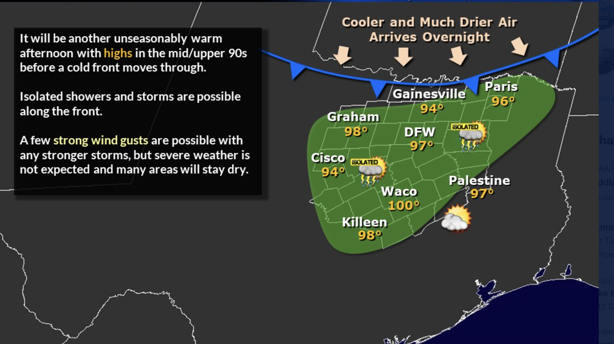 Isolated showers were possible Sunday as a cold front moved into the area. Temperatures throughout the week should be in the lower to upper 80s, according to the National Weather Service.