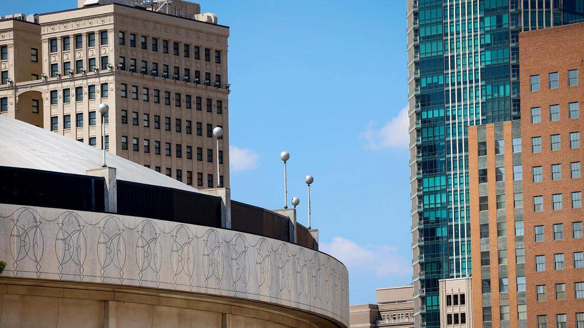 A part of the Fort Worth Convention Center’s iconic flying saucer-like dome can be seen amid downtown buildings on Tuesday, October 10, 2023.