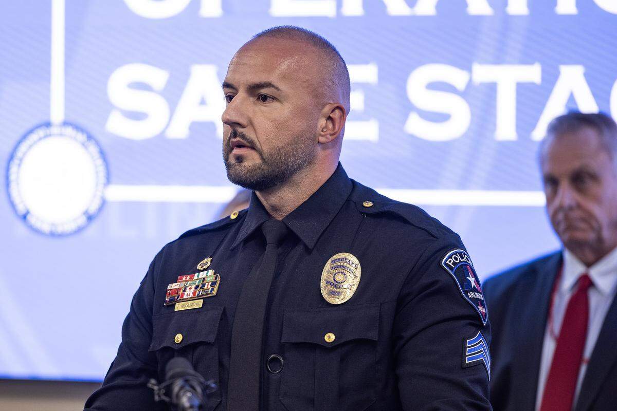 Tarik Muslimovic, Seargent of the Arlington Police Department Human Exploitation and Trafficking (HEAT) unit, speaks to the media regarding a recent joint operation that resulted in multiple arrests and the disruption of an organized sex trafficking ring in Chicas Locas adult entertainment club at the Arlington Police Department Station on Wednesday, Oct. 29, 2025.