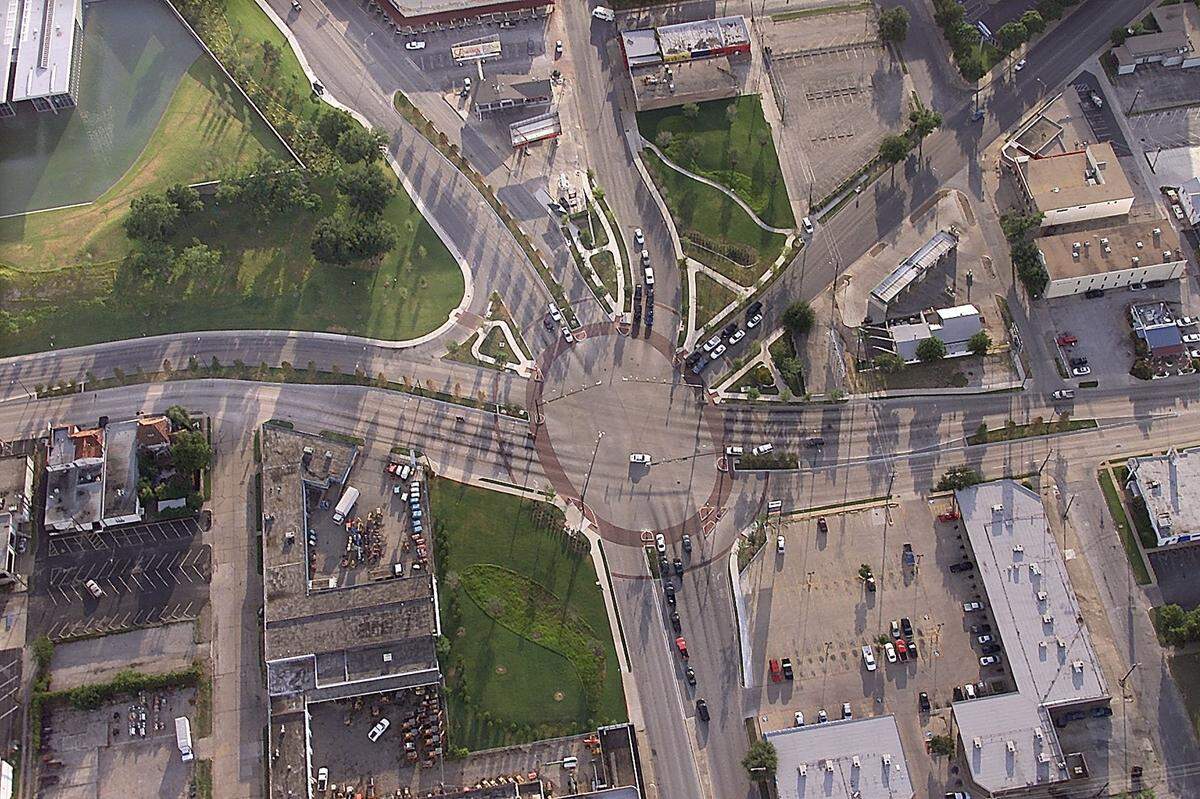 July 7, 2003: An aerial view of the intersection of University Drive, West Seventh Street, Camp Bowie Boulevard and Bailey Avenue in Fort Worth.