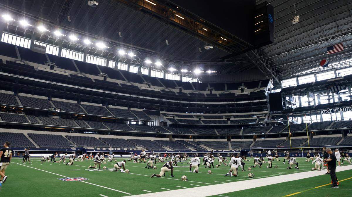 The New Orleans Saints practiced at AT&T Stadium in Arlington on Monday. The team was displaced by Hurricane Ida, which hit the New Orleans area on Sunday and has left much of the city without power. AT&T Stadium could be an option to host the Saints’ season opener against the Green Bay Packers on Sept. 12 if New Orleans is unable to host the game.