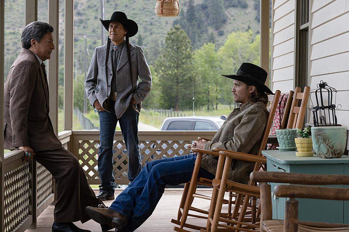 From left: Actors Gil Birmingham, Mo Brings Plenty and Luke Grimes in Season 5, Episode 3 of “Yellowstone.”