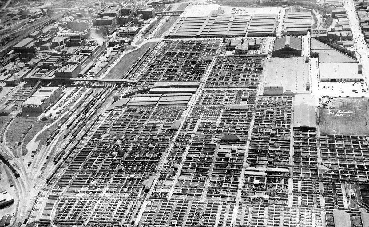 This aerial photograph of the Fort Worth Stockyards shows the area in its heyday.