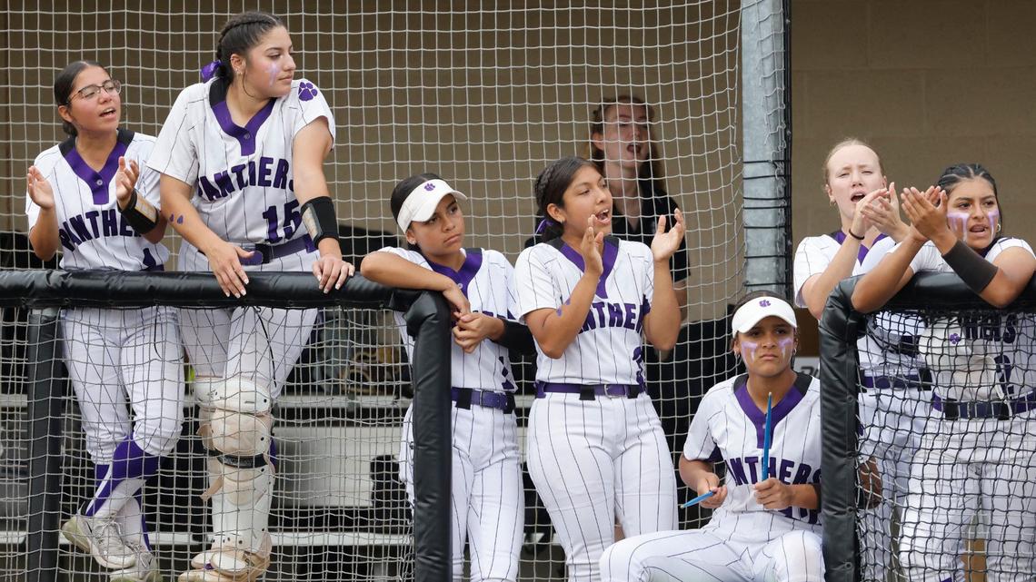 The Paschal Panthers encourage a team mate at bat during a UIL Class 6A bi-district softball playoff game at Saginaw High School in Saginaw, Texas, Thursday, April 25, 2024. Paschal defeated Keller 3-2.