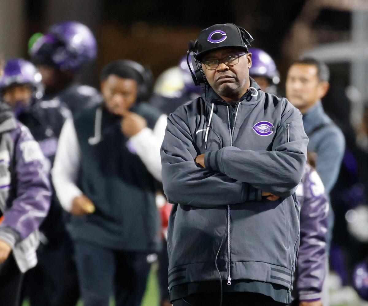 Crowley head coach Carlos Lynn watches during a time out against Justin Northwest during a UIL Class 6A D2 Bi-district playoff football game at Crowley ISD Multi-Purpose Stadium in Fort Worth, Texas, Friday, Nov. 15, 2024.