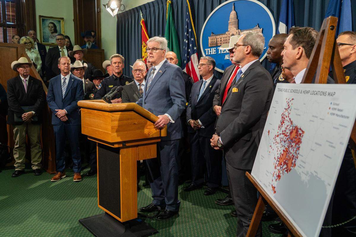 Lieutenant Governor Dan Patrick speaks during a press conference at the Texas Capitol Wednesday, March 19, 2025. Patrick and law enforcement from across the state gathered to express their support for legislation that would crack down on the sale of synthetic THC products.