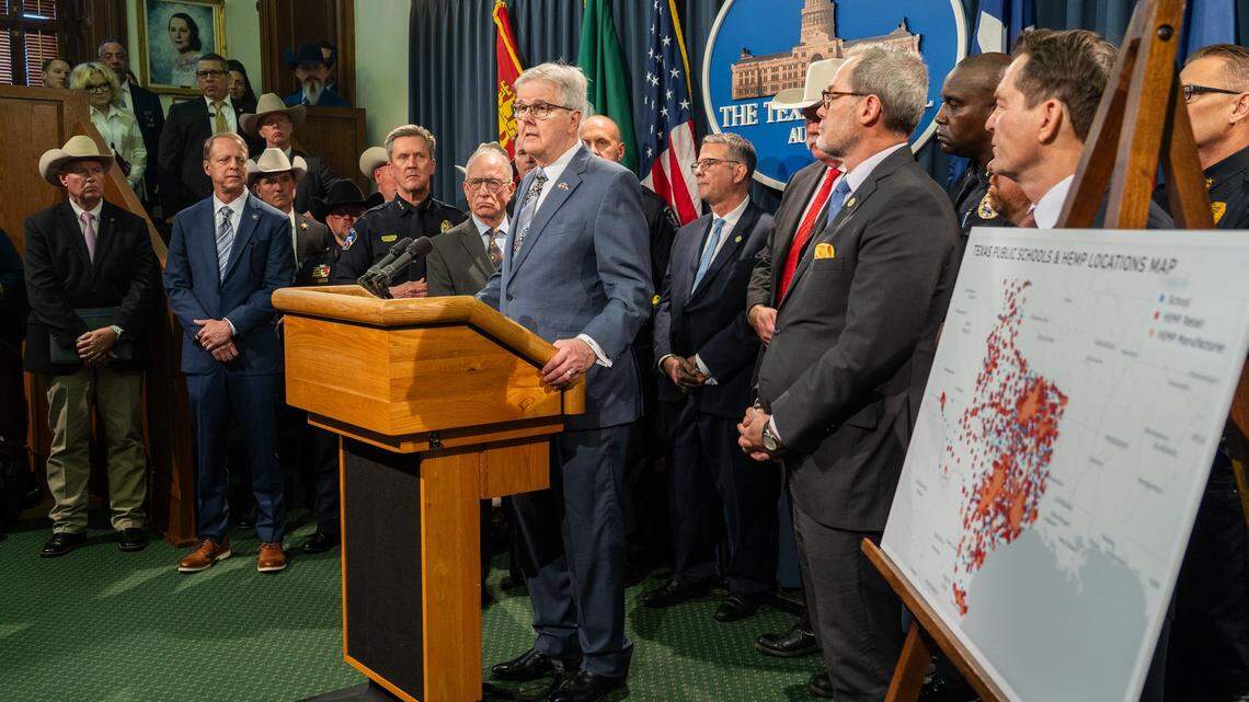 Lieutenant Governor Dan Patrick speaks during a press conference at the Texas Capitol Wednesday, March 19, 2025. Patrick and law enforcement from across the state gathered to express their support for legislation that would crack down on the sale of synthetic THC products.
