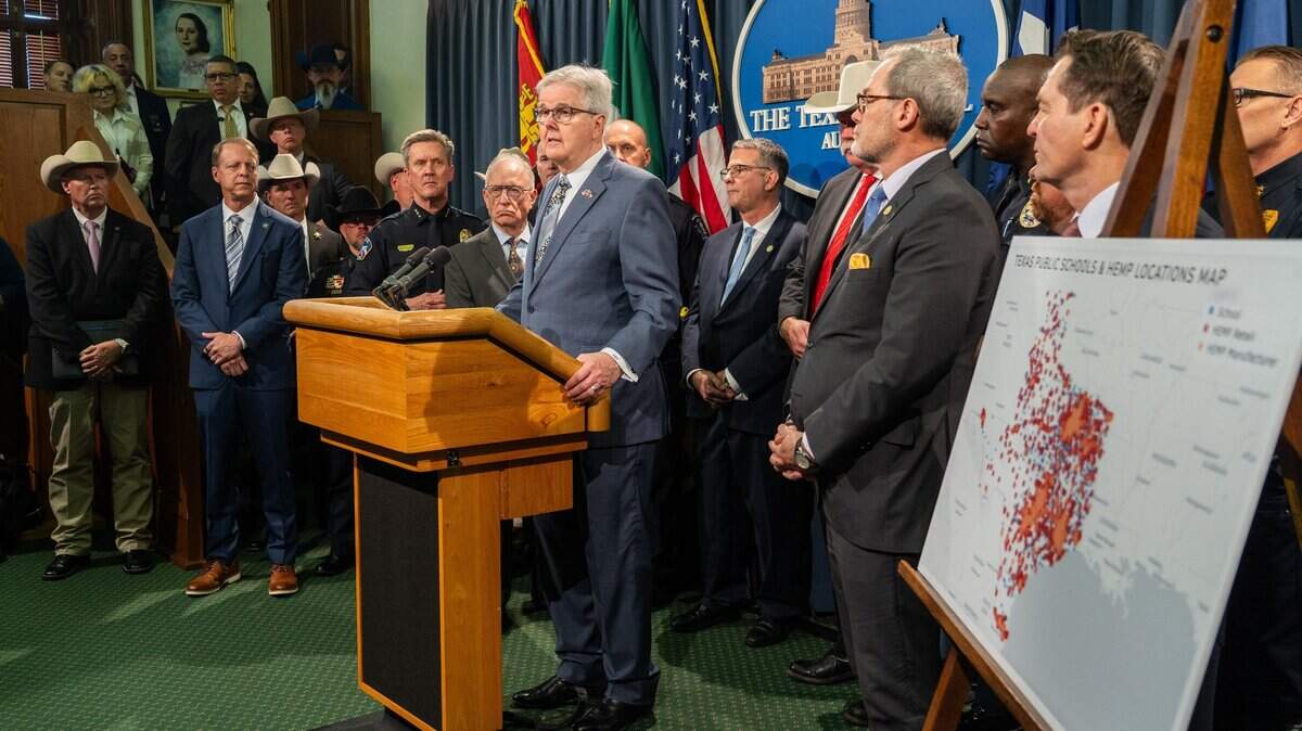 Lieutenant Governor Dan Patrick speaks during a press conference at the Texas Capitol Wednesday, March 19, 2025. Patrick and law enforcement from across the state gathered to express their support for legislation that would crack down on the sale of synthetic THC products.