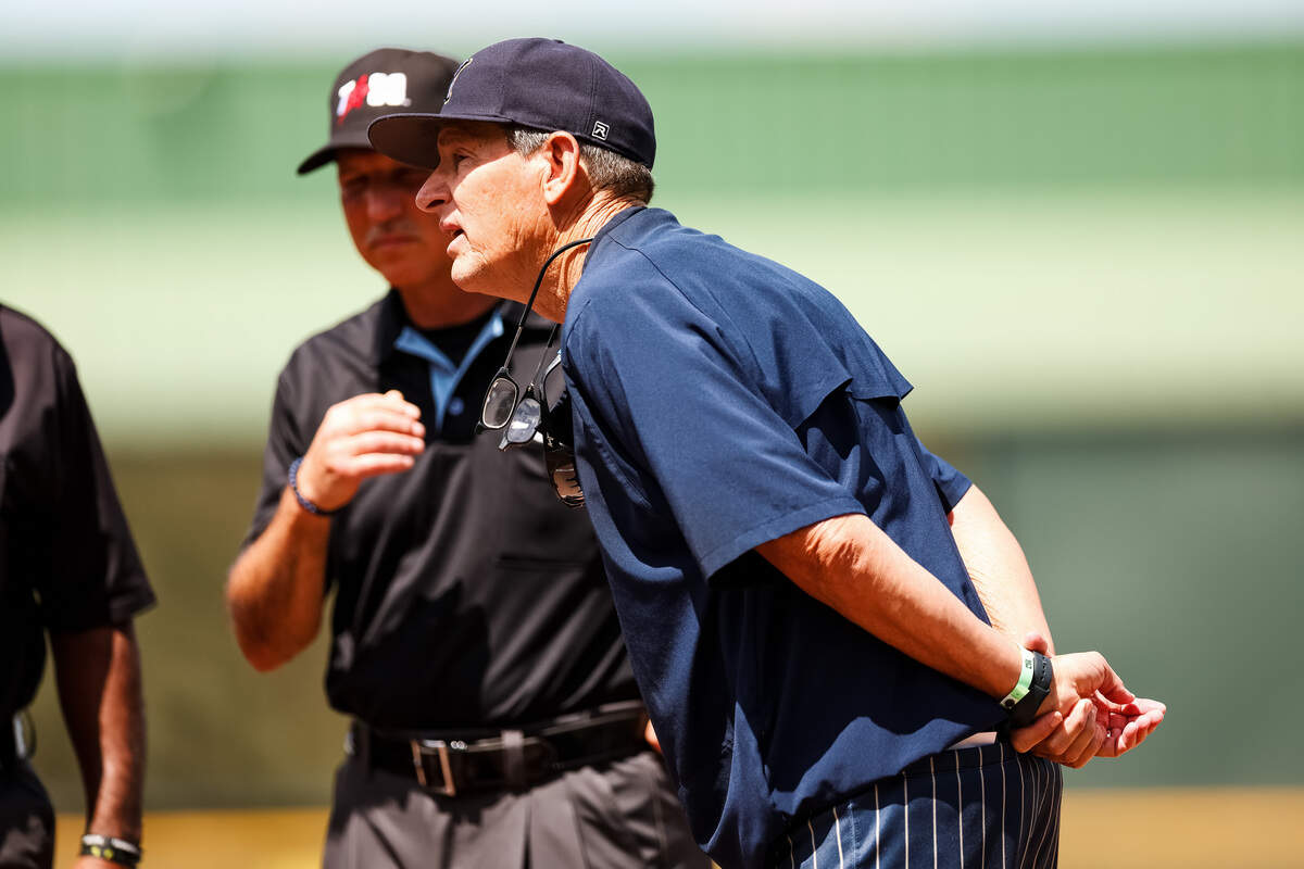 Keller head coach Rob Stramp exchanges the final lineup card of his career ahead of the UIL Texas high school baseball Class 6A Division I state championship at Dell Diamond in Round Rock, Texas, Saturday, June 6, 2026.