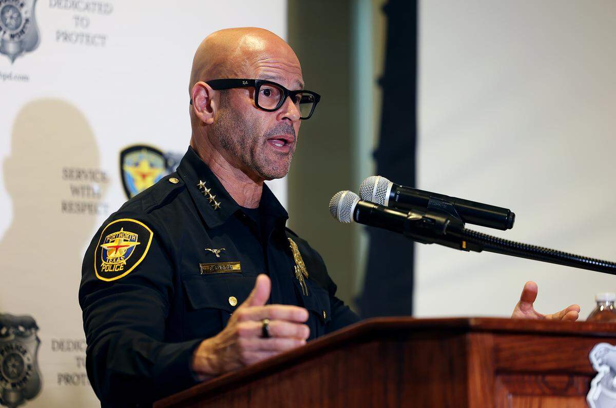 Fort Worth Police Chief Eddie Garcia holds a press conference on Friday, May 22, 2026, to release videos after officers fatally shot two men over the weekend.