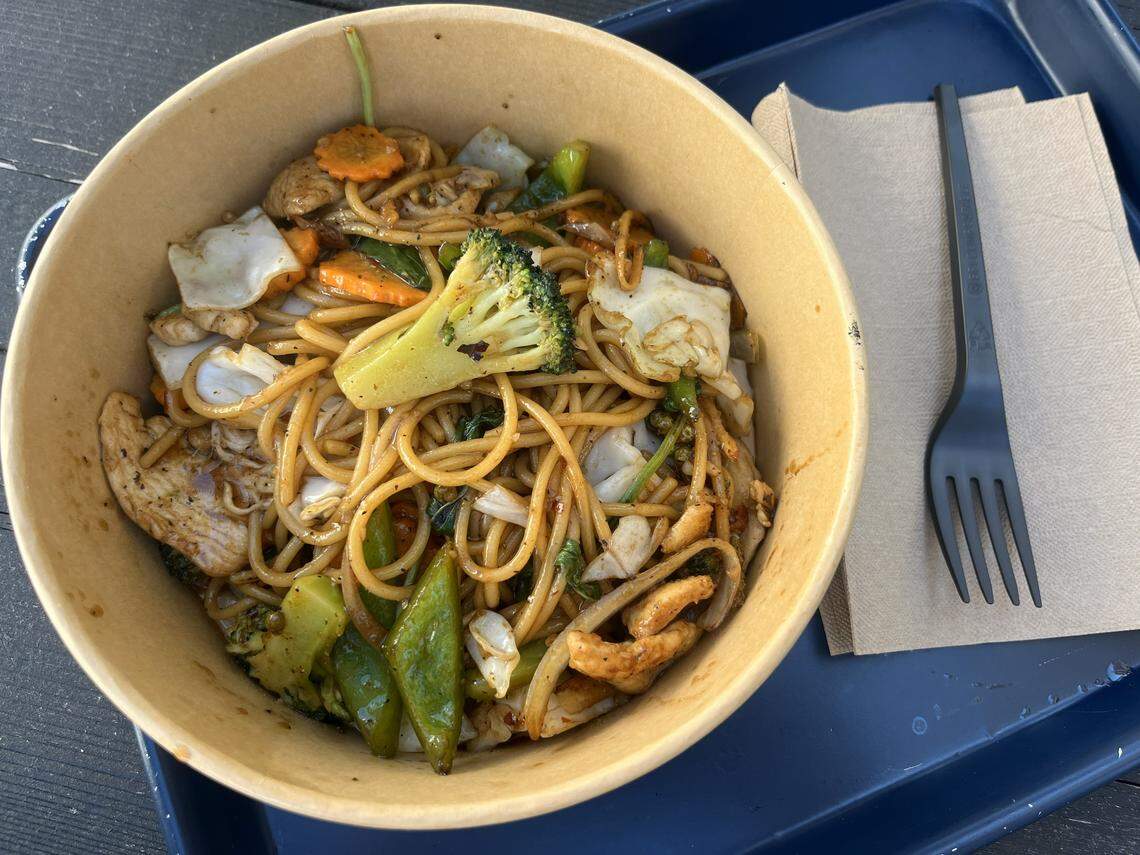 The Spaghetti Kee Mow with chicken and veggies, spice level 2, from Sweet Stacks on Jan. 21, 2026 in Fort Worth.