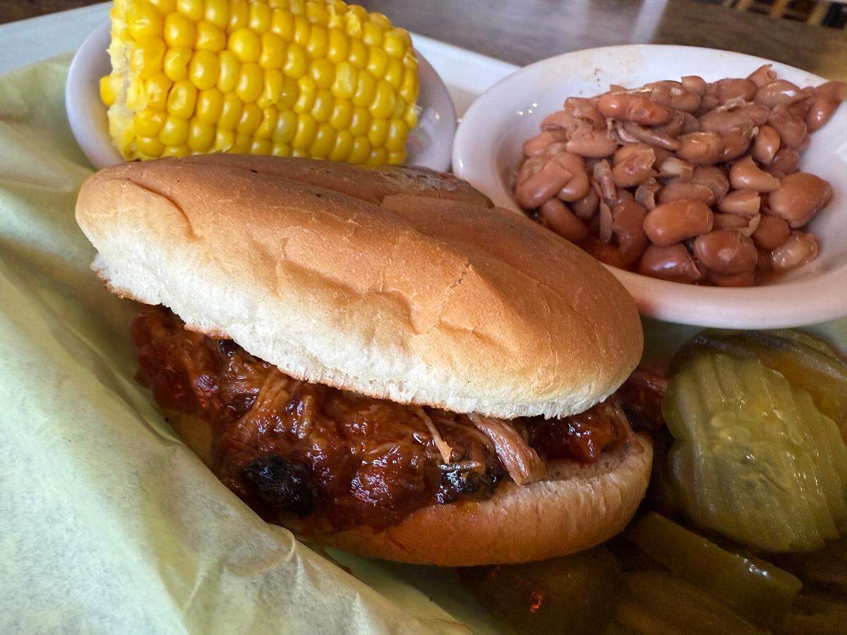 A $2.50 sloppy Joe chopped beef and pork sandwich at Bodacious Bar-B-Que in Arlington on May 30, 2025.