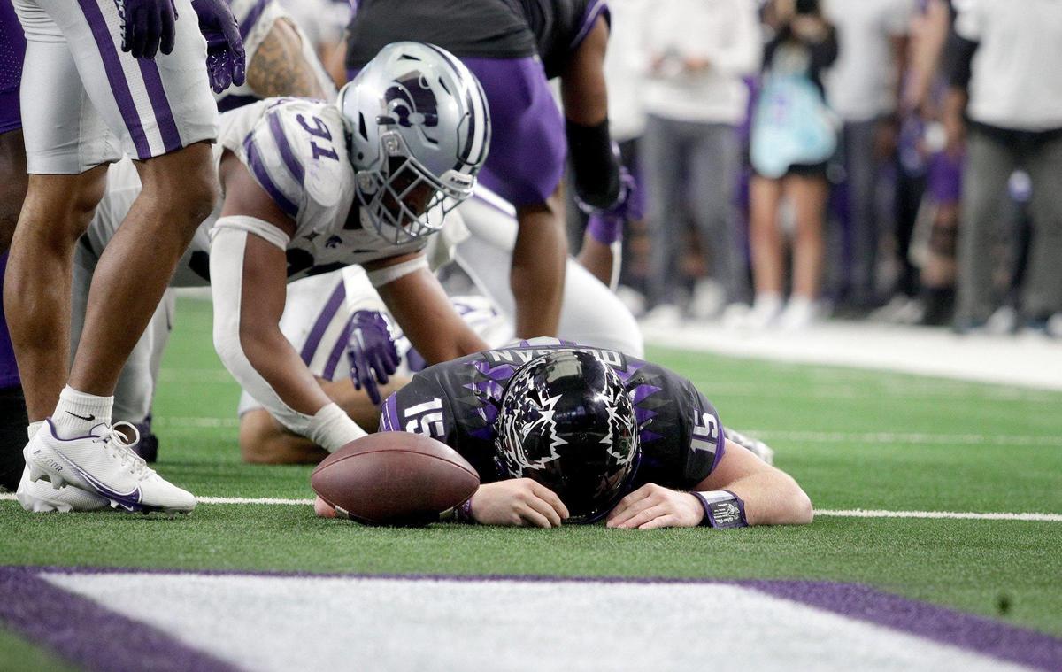 TCU quarterback Max Duggan reacts after its ruled he is short of the end zone after during overtime at the 2022 Dr. Pepper Big 12 Championship against Kansas State on Saturday, December 3, 2022.