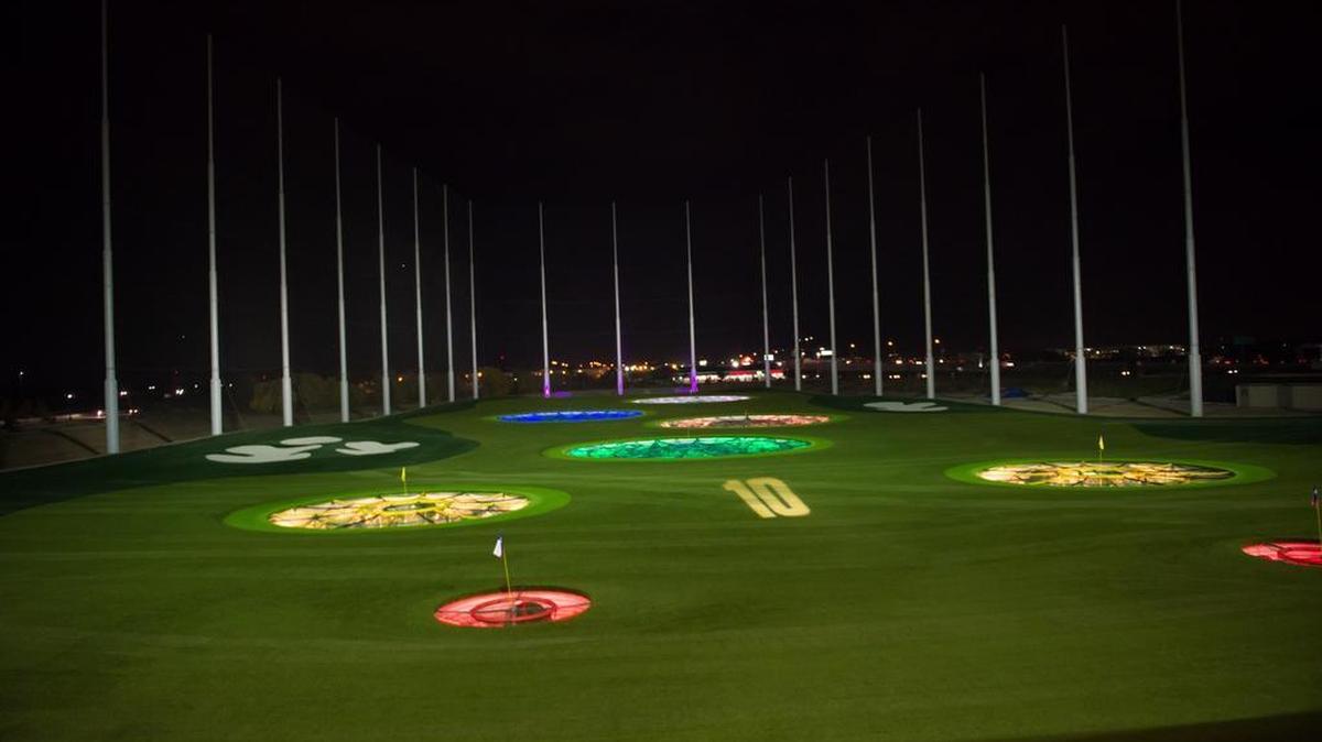 
At Topgolf, players take aim at targets and earn points. 

