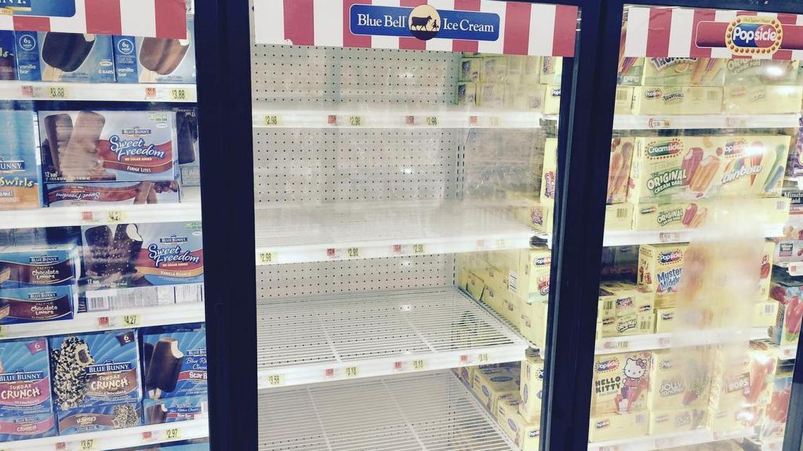 
Shelves at area supermarkets were left empty after Blue Bell Ice Cream was removed following a recall due to listeria contamination. 
