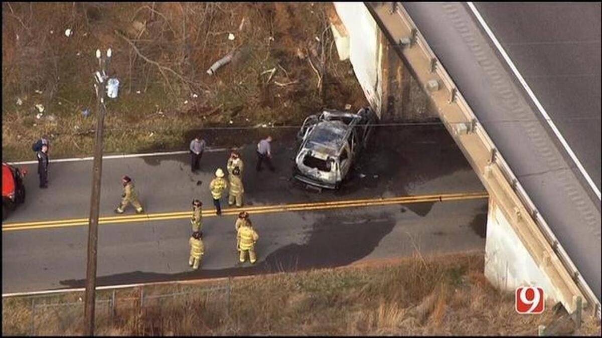 A television news helicopter captured this image of the single-vehicle crash that killed former Chesapeake Energy CEO Aubrey McClendon.