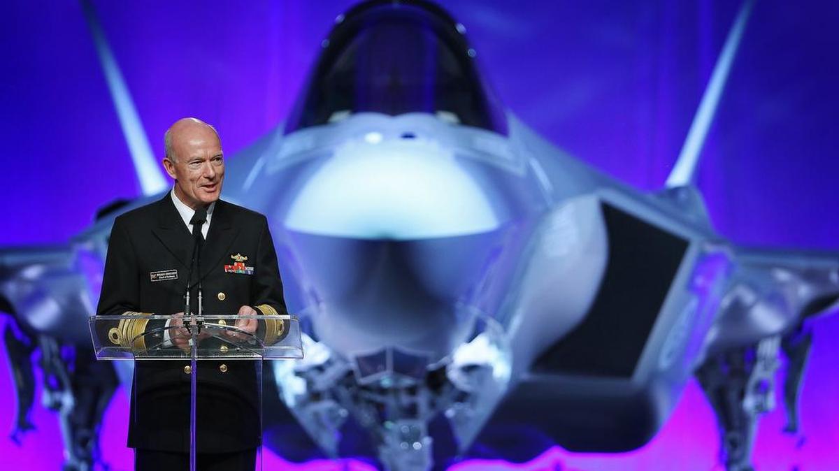 Admiral Haakon Bruun-Hanssen, Chief of Defense for the Norwgeian Armed Forces, talks to those gathered after the unveiling of his country's F-35 in September 2015.