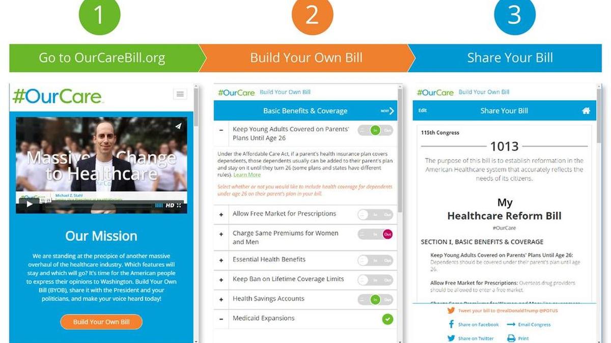 OurCareBill.org allows anyone to build their own healthcare reform bill and tweet it to President Trump and Congress.