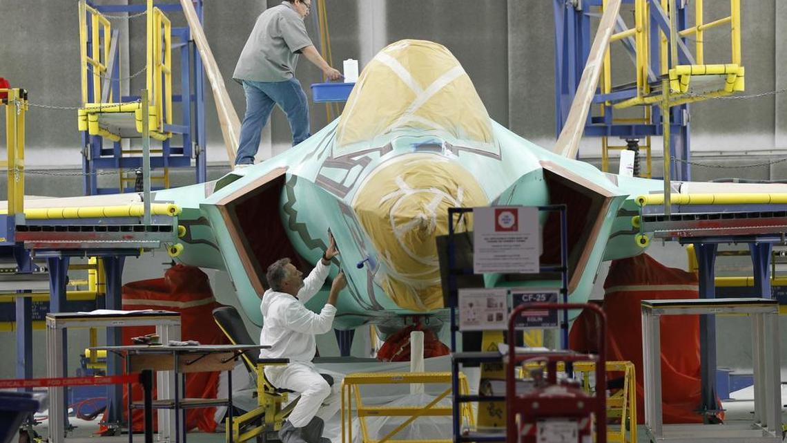 A F-35 is masked for the final finish coatings at Lockheed Martin Aeronautics in Fort Worth.