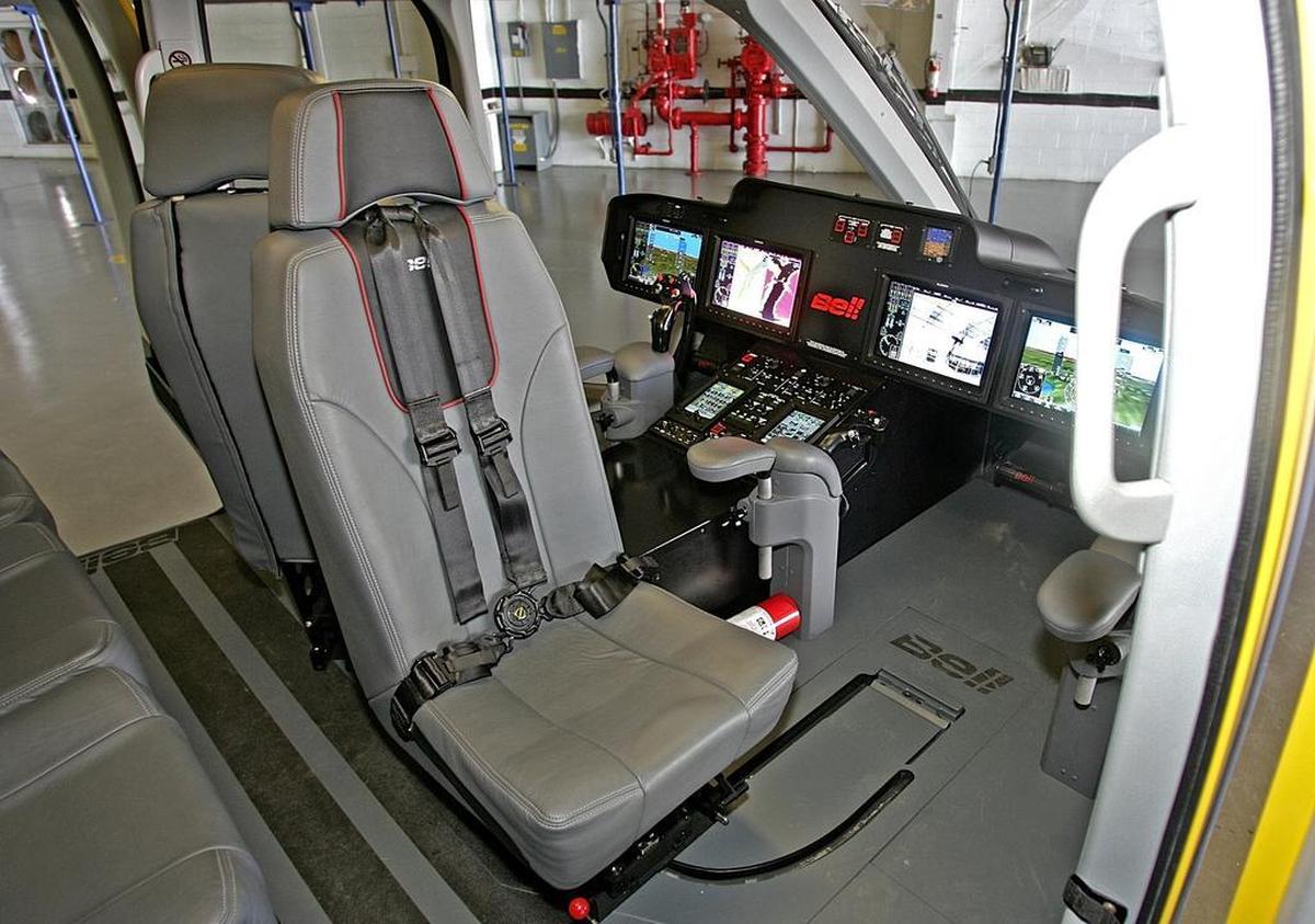 Bell 525 Relentless’ cockpit photographed in a hanger at Bell Helicopter in 2012. The NTSB has determined that vibration caused the 2016 crash of a Bell 525 Relentless during a 2016 test flight near Italy.
