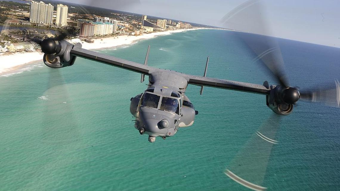 An Air Force CV-22 Osprey flies over the Emerald Coast outside Hurlburt Field, Fla. in 2009.