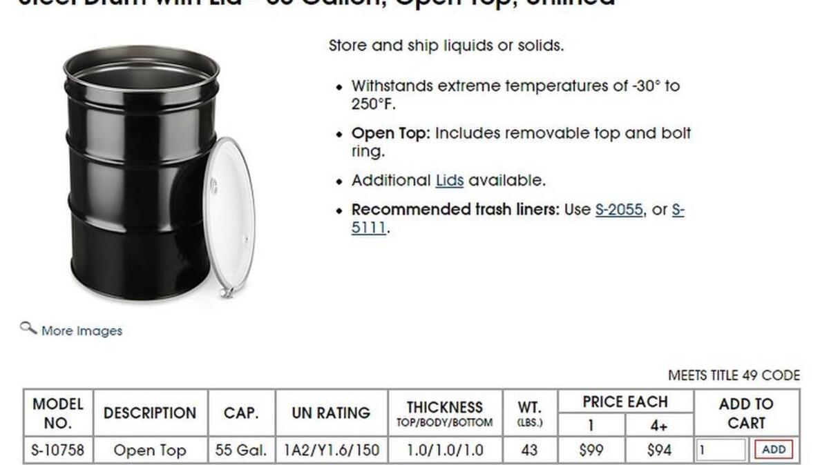 The cost of a 55-steel drum sold by Uline is $99