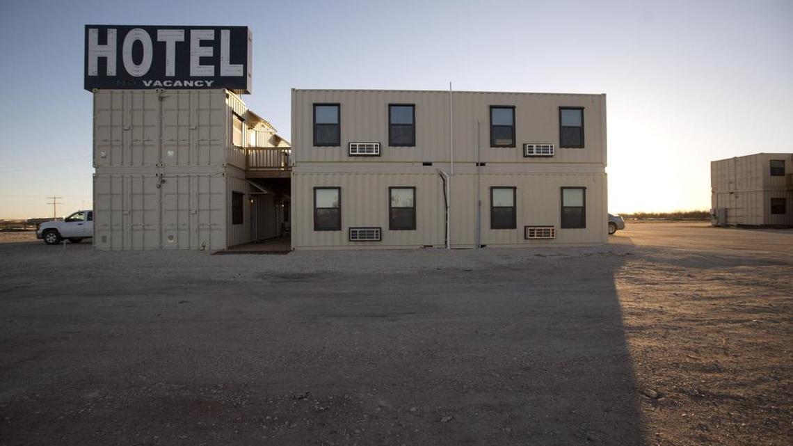 Fort Worth entrepreneurs Dick Varnell and Malcolm Fleet came up with the idea of having a hotel made out of shipping containers for the transient oil field workers. This hotel is in Big Lake, Texas.