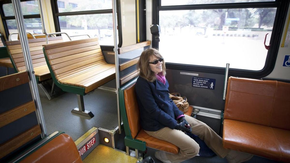 Fort Worth Transportation Authority spokeswoman Joan Hunter rides a Molly the Trolley during Super Bowl week in early 2011. Joan Hunter retired from the T this week, ending a 30-year-plus career in media relations. (Star-Telegram/Joyce Marshall)
