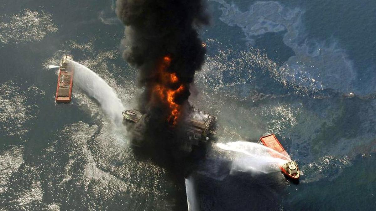 
The Deepwater Horizon oil rig burns out of control in the Gulf of Mexico on April 21, 2010.


