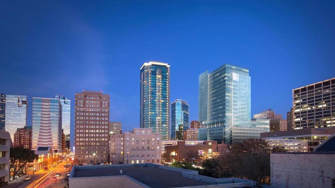 
A night view of a new office tower to be built by Jetta Operating in downtown Fort Worth. Revised plans reduced the building from 26 stories to 25 stories. 
