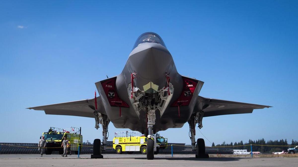 An F-35A fighter sits on the tarmac at Abbotsford International Airport in British Columbia on Aug. 11.