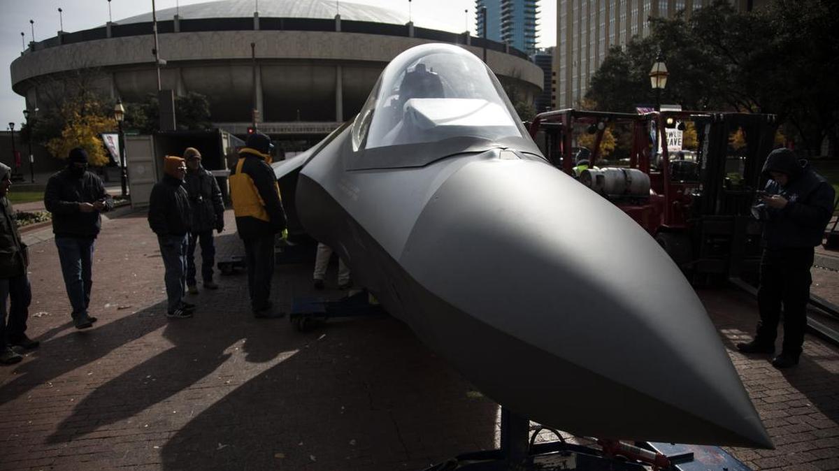 The A F-35 Lightning II replica plane will be on display as part of the Armed Forces Bowl from Dec. 19-22 for visitors to sit in the cockpit and take photos with.